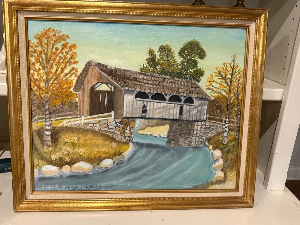 Vintage Original Oil Painting Covered Bridge Landscape Signed Clara Fitzgerald